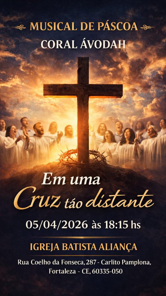 Prepare o seu coração! ❤️ 🎤  ​O Musical de Páscoa do Coral Ávodah está chegando. Será um momento de adoração e arte na IBA.   Marque aqui nos comentários quem vai vir com você! 👇  ​📌 Anota aí:  🗓 Domingo, 05 de abril ⏰ 18h15 ⛪ Igreja Batista Aliança (Rua Coelho da Fonseca, 287)  ​Entrada gratuita. Venha celebrar a Páscoa de Verdade Conosco! 🕊️  #páscoa #sentidorealdapáscoa #páscoacomJesus #coral #CantatadePáscoa