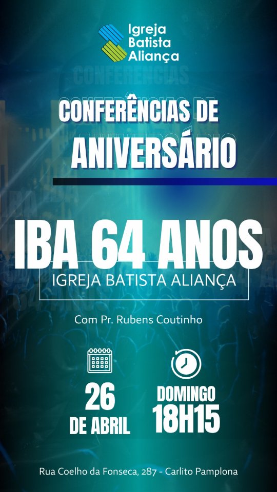 64 anos de história.
Milhares de vidas transformadas.
Um só propósito: Glorificar a Deus. 📖❤️

​Confira os melhores momentos da nossa conferência de aniversário.

​#IBACarlitoPamplona #IBA64Anos #AniversarioIgreja #Gratidão #ReinoDeDeus IgrejaBatista