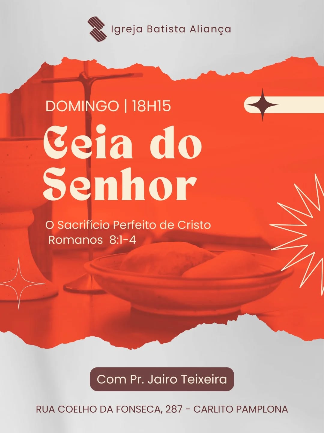 Culto de Ceia do Senhor, venha participar desse momento tão importante para nós! Vem?