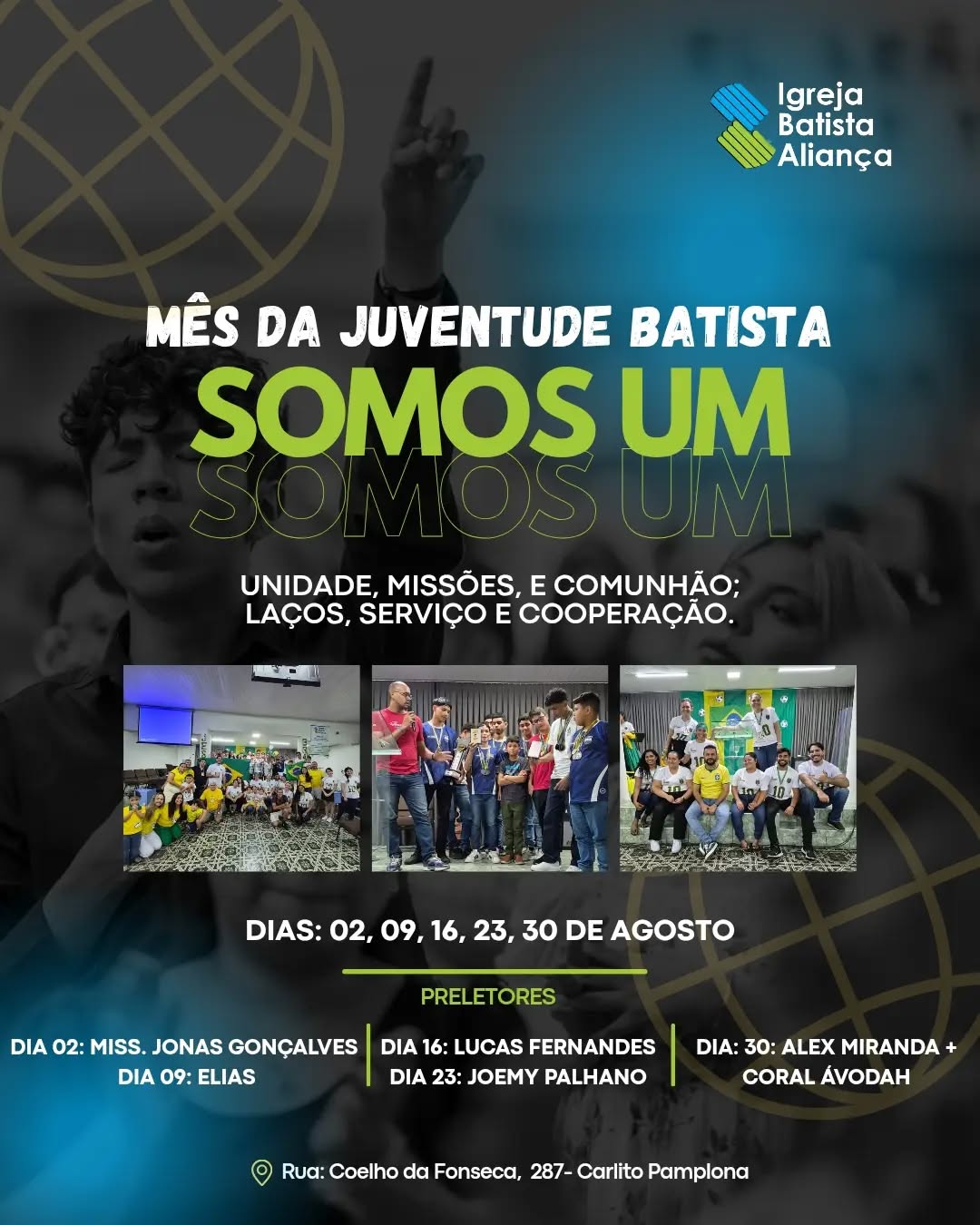 O Primeiro Dia do Mês da Juventude Batista chegou!
​Venha iniciar este mês especial conosco em um encontro cheio de louvor, palavra e comunhão. Será um tempo incrível de renovação e conexão para toda a nossa igreja.
​ Venha fazer parte dessa festa. Esperamos por você!